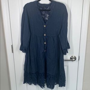 Navy Button-Front Lace Hem Women's Dress